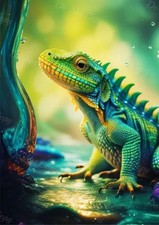 Photo A4 iguane vert lumineux en forêt magique – 701