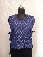 Femme Bleu & Or Imprimé Floral Brocart Veste : Vintage Cut-Sleeve Cape MG1163