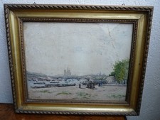 Tableau ancien dessin aquarelle Paris la Seine quai Henri IV bateaux péniches