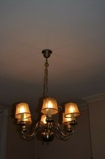 ANCIEN LUSTRE HOLLANDAIS EN ÉTAIN ABAT JOUR EN VESSIE DE PORC 6 LAMPES 