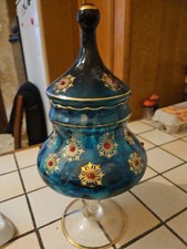 bonbonnière En Verre Bleu Émaillé Or Et Rouges, Bohème Fin Xixe