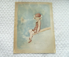 Aquarelle Y HEUZE fillette à la plage papie 17x22,5 encadrée souvenir affectueux