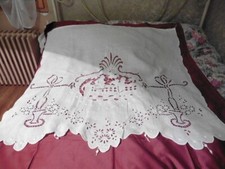 ANCIEN RIDEAU LIN CREME PANIER NOEUD SCENE GALANTE FESTON BRODERIE MAIN