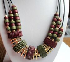 collier bijou vintage hippie couleur or cuir noir perles tube vert bordeaux 5020