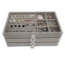 Boîte À Bijoux Grise A Trois Tiroirs Coffret Mallette De Transport Simili Cuir