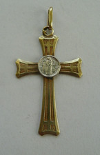 Ancienne CROIX PENDENTIF PLAQUE OR Médaillon VIERGE à L'ENFANT en ARGENT massif