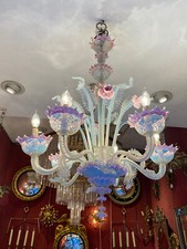 1950/70 Lustre Murano 6 Bras Lumière Et Sa paire D'Appliques Verre Opalescent