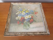 ANCIEN TABLEAU CADRE SOUS VERRE CHROMO BOUQUET DE FLEURS SIGNE