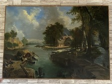 Tableau Huile sur toile signée et datée 1862. Paysage de rivière