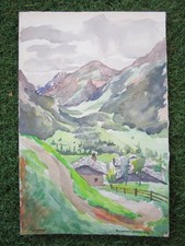 Ancienne belle aquarelle Pralognan La Vanoise 1938 tableau de montagne signé.