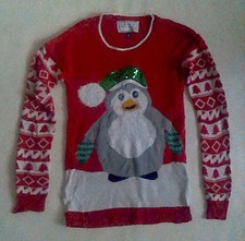 Pingouin pull de Noël hiver imprimé animal paillettes motif festif M