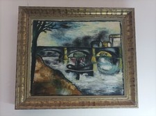 Tableau peinture huile sur panneau sous bois encadré signé a identifier