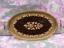 Italie Plateau Vintage Marqueterie de bois bordure laiton bon état traces usage