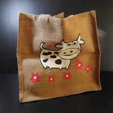 Sac cabas toile jute vache pomme fleur vintage art déco femme homme N6360