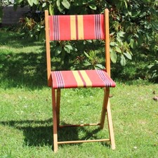 Chaise en bois  pliante toile rayée rouge camping vintage