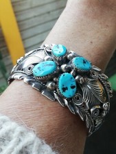 Bracelet ancien en argent Massif Silver 925 Turquoises Navaro Créateur Signé 