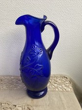 Ancien Pichet Cruche Bleu Signe John Tavernier Decor Feuille Deco Rétro 