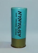 ANCIENNE BOITE D'ASPIRINE ASPRANAN BLEU DESIGN CARTOUCHE DE FUSIL. H 9cm ø 3,5cm