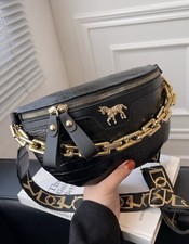 Sac Banane Femme Noir Simili Cuir Zippé Sacoche Croco Réglable Chaînette Doré Or
