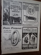  REO AUTOMOBILE + PNEU diamond + DUCELLIER + J.M. pub papier ILLUSTRATION 1912