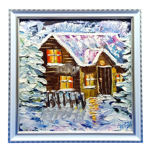 Winter cottage oil painting - winter,