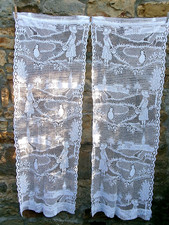 French pair of white  curtains net lace motif landcsape cat girl  22'' x 60''
