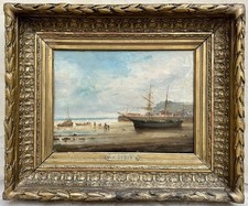 GUDIN Henriette Tableau Ancien Paysage Marine Bord de Mer Bateaux Peinture 19ème