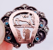 Antique Égypte 800 Argent Et Roulé or Main Gravé Percé Broche c1930