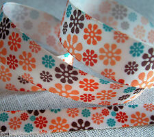 RUBAN SATIN FLEURS LIBERTY Printemps Bleu Orange Marron - Choix de largueur