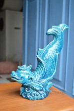 Poisson Dauphin Chamotté Email Bleu Craquelé Epoque 1950 Non Signé Pol Chambost