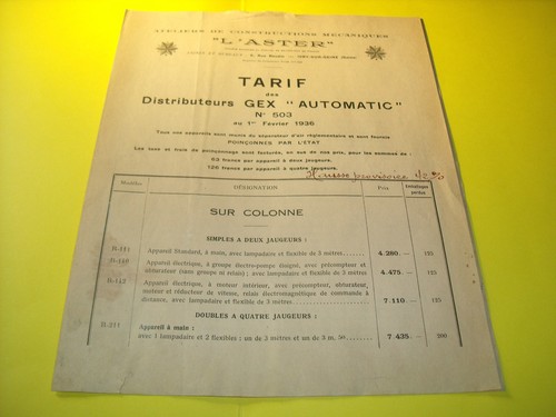Tarif epoque 1936 pour - pour, pompe
