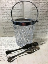 Vintage French Cut Glass Chrome Ice Bucket with Antique Silver Plate Ice Tongs