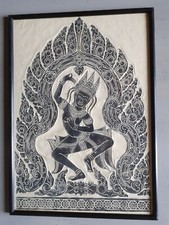 Tableau estampe danseur Thai Khmer Art asiatique bas relief Angkor-Vat .