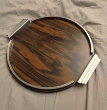 BEAU PLATEAU ROND ACIER CHROME PLACAGE PALISSANDRE ART DECO