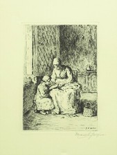 Marcel JACQUE, la leçon de lecture, d'après MILLET, Barbizon, estampe originale