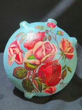 Ancienne Gourde en terre cuite vernissée peinte à décor de rose signé