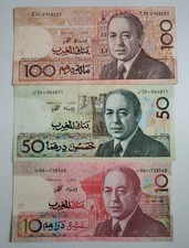 Lot_Rare 3_Billets_MAROC_MOROCCO_MAROCCO_10_50_100_DIRHAMS_1987_P60a_P61a_P62b