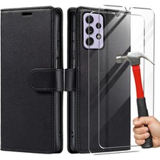 Coque Effet Cuir pour Samsung A13 A23 A52 4G/5G A53 M13 M23 5G +2 Verres Trempés