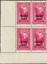 Madagascar 1942 n°244 Statue de Gallieni France libre 70c Bloc carré de 4 (*)