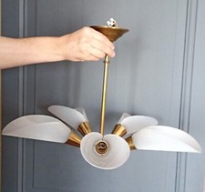 Ancien Lustre Structure Laiton/Plexi++5 Feux Abat-jours Perpex++Années 50/60