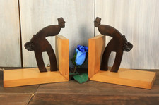 French Antique ART DECO Bookends Hand Carved Wooden Figural Designer Pair 1930s