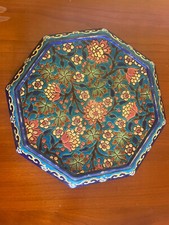 Ancien dessus de plat en émaux de Longwy signé faience céramique octogonal