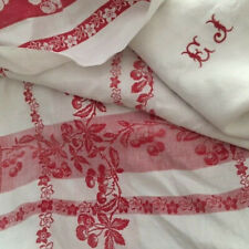 19th c French DAMASK Jacquard Weave TABLE CLOTH Red Cherries Mono EJ Dowry Linen