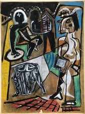 RARE GOUACHE ORIGINALE COMPOSITION CUBISTE 1940 ŒUVRE ORIGINALE