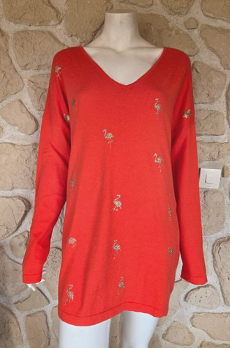 Pull orange avec flamand - , doré