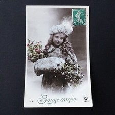 CPA Bonne Année 1909 Petite Fille Manchon en Fourrure Gui Ancienne Carte Postale