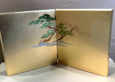 Paravent pliant japonais BYOBU feuille d'or pin et prunier sur la photo h15,7...