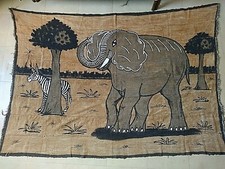 ANCIEN BEAU GRAND TISSUS BOGOLAN ART AFRICAIN du CAMEROUN UN ELEPHANT 1970 