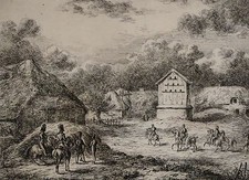 Eau forte originale de Emaus, Cavalerie dans un village