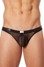 String noir filet avec bandes simili cuir sexy homme